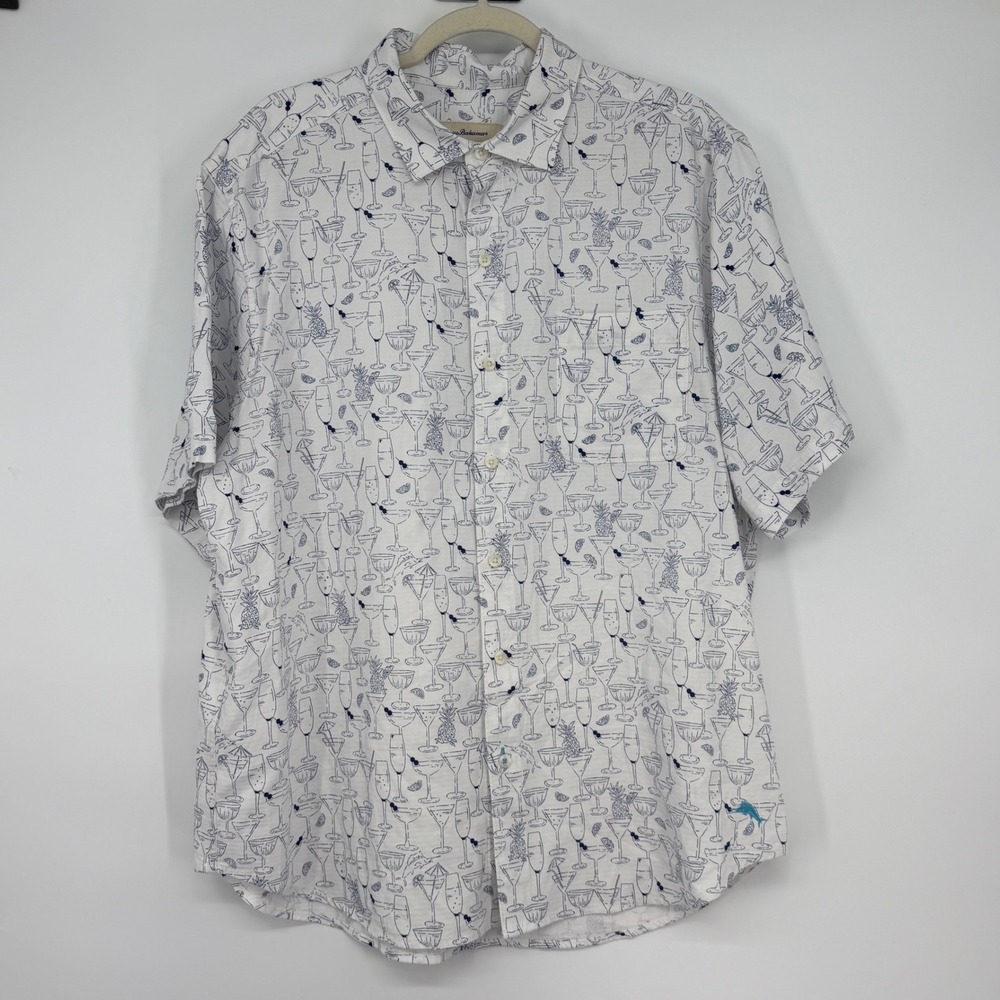 Tommy Bahama Mens Large White Blue Cocktail Glass Print Short Sleeve Button Down